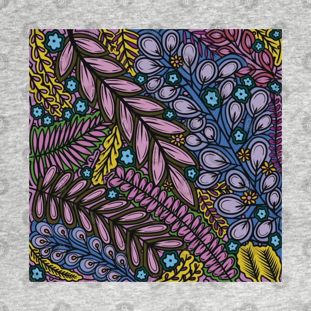 Lovely Leafy Layers - Purple, Blue, and Yellow - Digitally Illustrated Flower Pattern for Home Decor, Clothing Fabric, Curtains, Bedding, Pillows, Upholstery, Phone Cases and Stationary by cherdoodles